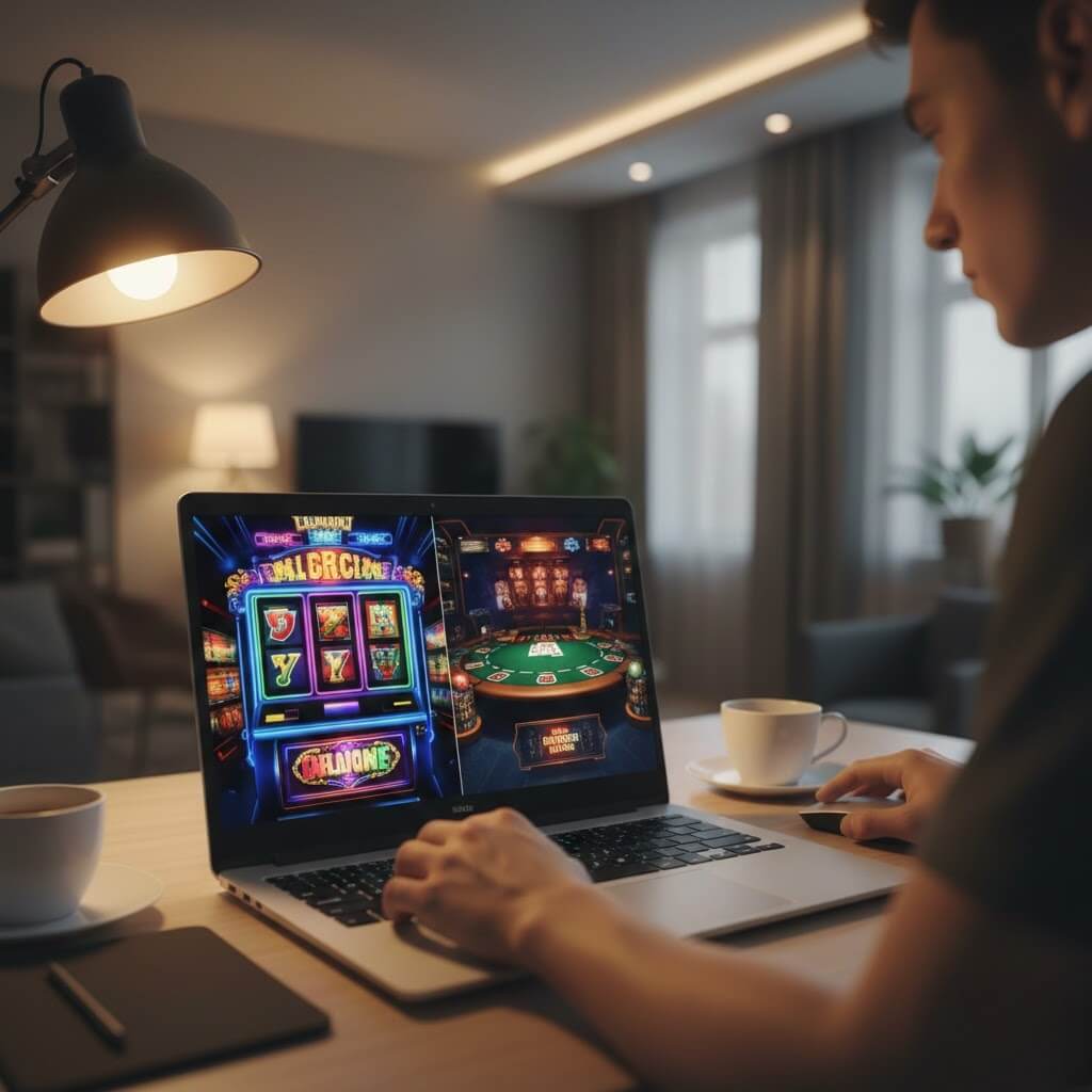 Pemain casino online pemula bermain slot dan poker dengan laptop, suasana hangat dan modern, fokus pada layar, gaya realistik.