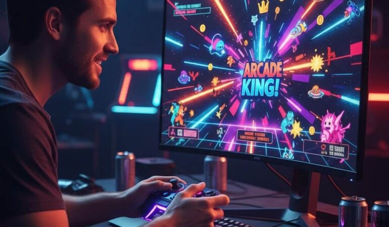 Pemain arcade game fokus di layar dengan kontroler, bermain online melalui Dewiku88 Login